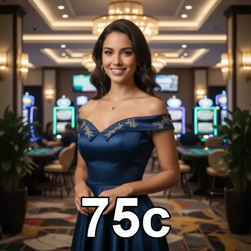 Mulher sorridente em ambiente de cassino, representando 75c.