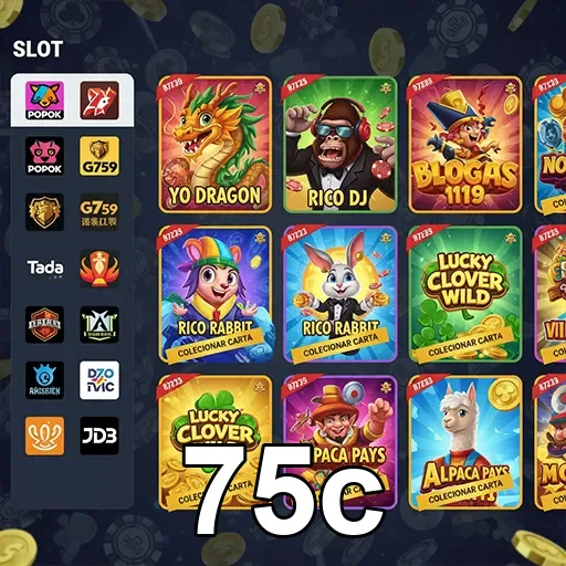 Interface de jogos de slots do cassino 75c com diversas opções.