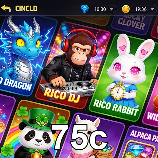 Interface do 75c destacando slots com personagens divertidos.