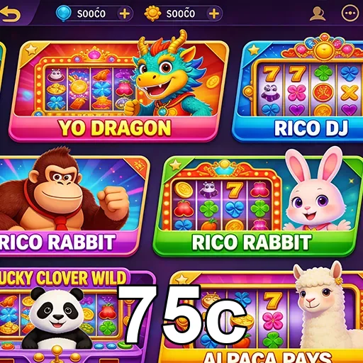 Interface de slots coloridos no site 75c, com jogos variados.